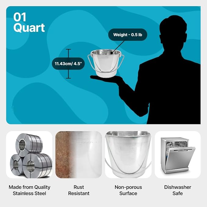 Heavy Duty Stainless Steel Bucket 1 Quart - Flat Side Small Metal Bucket for Feeding & Watering Pets, Livestock & Cleaning - Perfect for Crates, Kennels, Cages & Hang on Fences