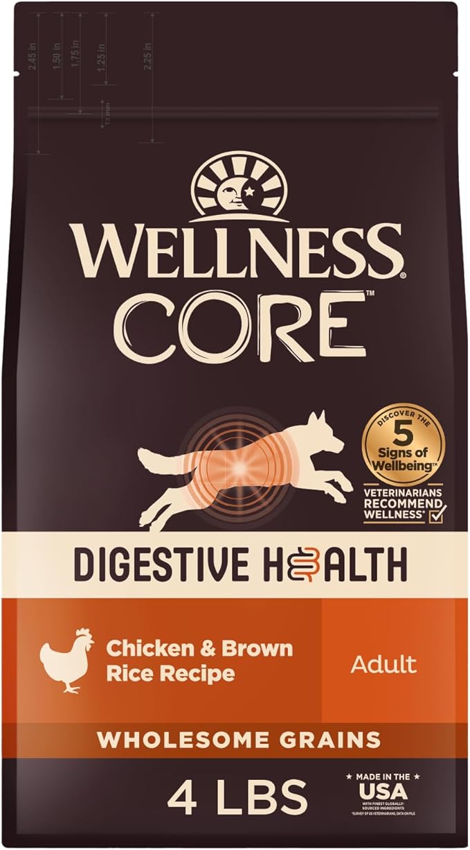 Wellness CORE Digestive Health Dry Dog Food, Wholesome Grains, Natural, Recipe for Dogs with Sensitive Stomachs, Chicken, (4-Pound Bag)