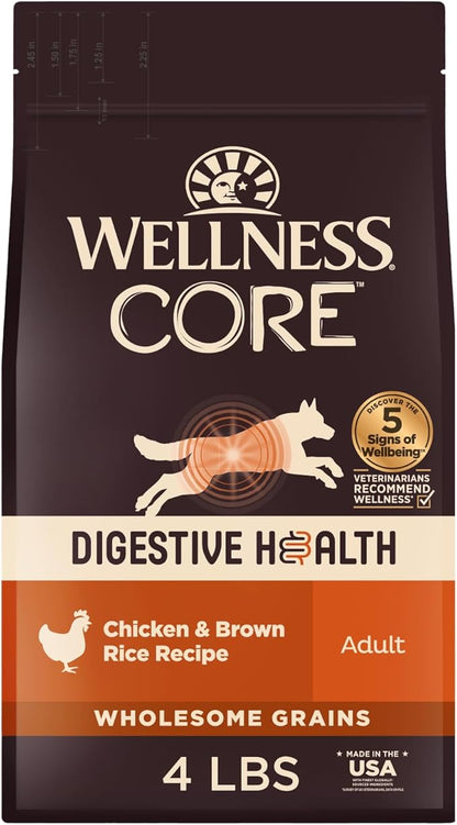 Wellness CORE Digestive Health Dry Dog Food, Wholesome Grains, Natural, Recipe for Dogs with Sensitive Stomachs, Chicken, (4-Pound Bag)