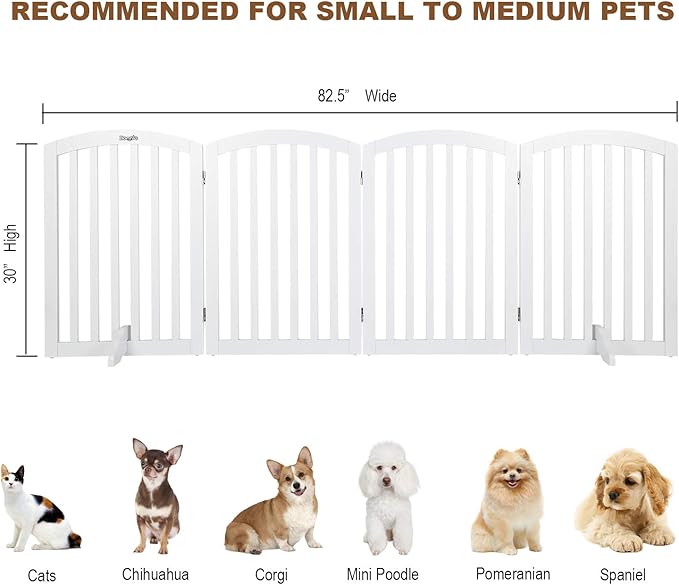 Bonnlo 30” Tall Free Standing Dog Gate for Doorways, 4 Panel Folding Pet Gates for The House Extra Wide, Indoor Dog Fence Wooden Gate for Puppy | Up to 83” Wide | White | 4 Foot Supporters