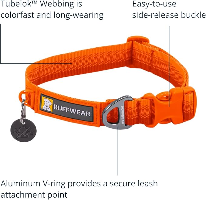 Ruffwear, Front Range Dog Collar, Adjustable Tubelok Webbing, Lightweight, Side Release Buckle, Aluminum V-Ring, Durable for Everyday Use, Blaze Orange, 20"-26"