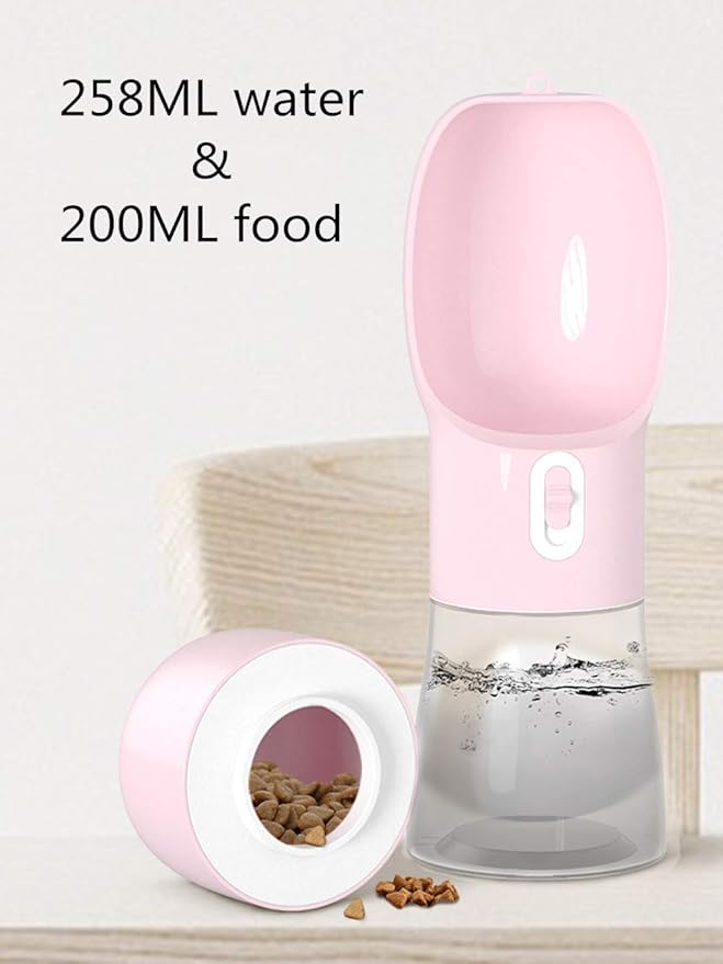 Portable Dog Water Bottle - Leak Proof Dog Water Dispenser with Bowl & Food Container, Dishwasher Safe Food Grade Plastic for Pet Puppy Outdoor Walking Hiking Travel Pink