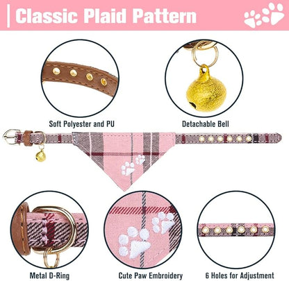 EXPAWLORER Dog Collar and Leash Set - Embroidery Pawprints Plaid Dog Collar and Dog Leash Set, Bow Tie and Bandana Dog Collar with Bell, Collar and Leash for Dogs Cats Outdoor Walking, Pink S-M