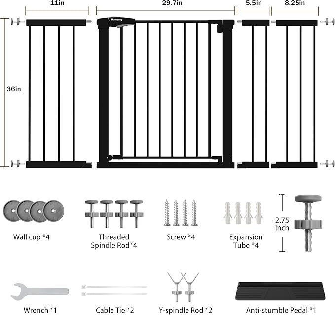 Mumeasy 36" Extra Tall Baby Gate for Doorways, 29.7"-57" Extra Wide Dog Gate for Stairs, Pressure Mounted Auto Close Pet Safety Gate with Easy Walk Thru Door, Large Indoor Child Gate for House, Black