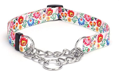 Martingale Dog Collar with Stainless Steel Chain - Limited Chain Cinch Training Collar for No Pull Training Dog - Flower Multicolor Cute Patterns - Premium No Slip Collar (XL, White)