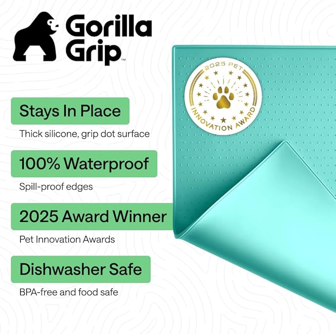 GORILLA GRIP 100% Waterproof Raised Edge BPA Free Silicone Pet Feeding Mat, Dog Cat Food Mats Contain Spills Protects Floors Placemats for Cats and Dogs Water Bowl Pets Accessories 18.5x11.5 Turquoise