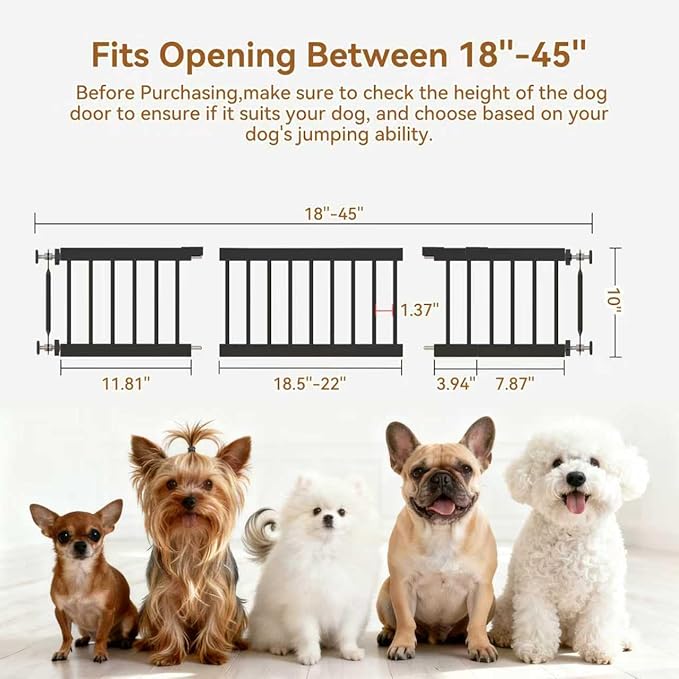 Dog Gate Indoor,18"-45" Adjustable Extra Wide Metal Short Dog Gate to Step Over, 10" Tall Small Pet Gate with 3 Extension Kits, Pressure Mounted for Doorways & Stairs Black