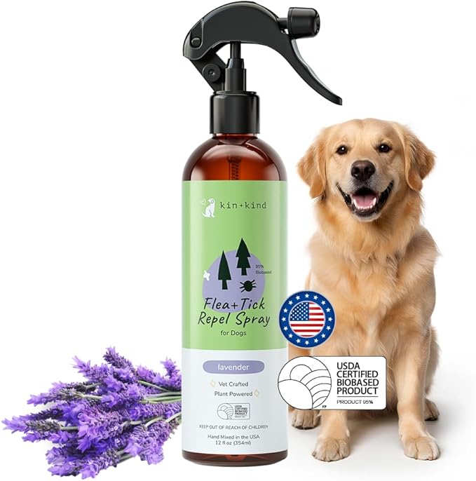 kin+kind Flea and Tick Spray for Dogs – Plant Based Flea Spray with Rosemary, Lavender & Cedarwood Oil – Pet Supplies for Bugs and Pests – Flea & Tick Pet Spray Prevention 12 fl oz