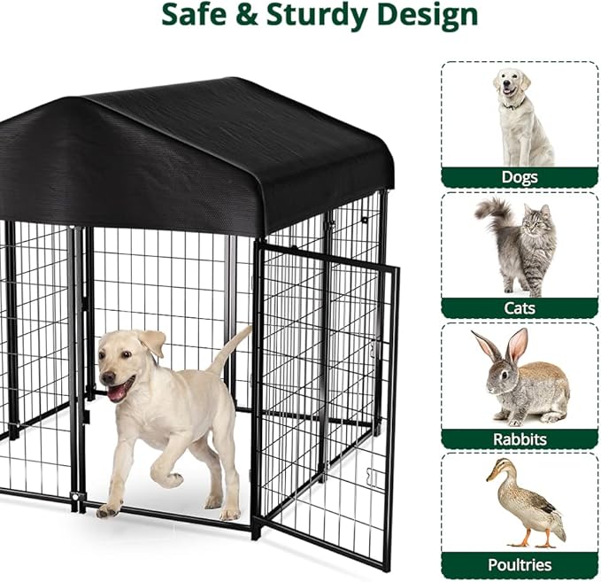 Dog Kennel Outside with Roof, 4'x4'x4.5' Outdoor Dog Kennels for Large Dogs, Heavty Duty Welded Dog Crate Playpen with UV-Resistant Waterproof Cover