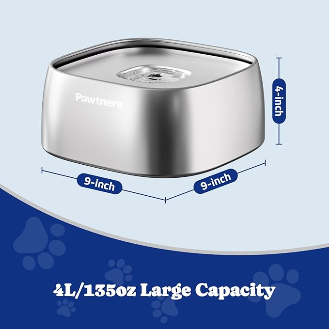 Pawtners All Stainless Steel Dog Water Bowl No Spill,135oz Anti-Splash Dog Bowl with Non-Slip Base, Spill Proof for Medium Large Messy Drinkers, Slow Drinking, Slobber Stopper,Easy to Clean