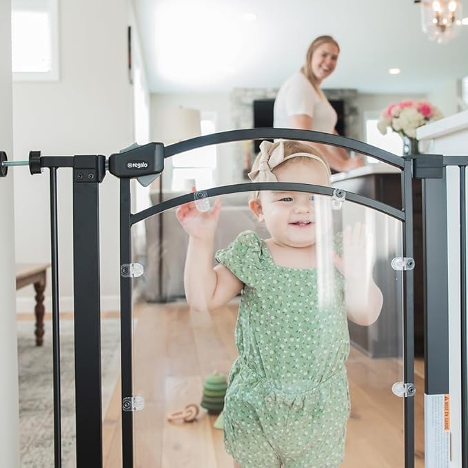 Regalo Safety 29.5–37” Clear Walk Through Baby Gate for Doorways & Bottom of Stairs, Pressure Mounted Baby Gate with Door for Toddlers & Pets, Tested & Trusted, American Designed, Family Owned