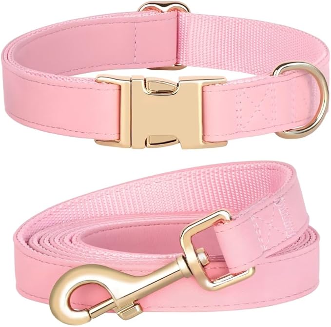 PET ARTIST Soft PU Leather Dog Collar and Leash Set, Bright & Stylish 5FT PU Leather Leash and Collar Set, Durable Pet Collars with Quick Release Metal Buckle for Medium Dogs,Pink,M(13-19")