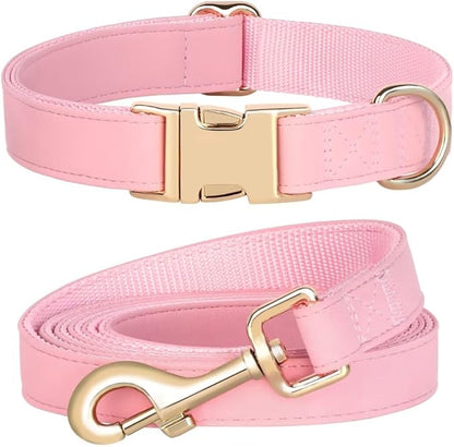 PET ARTIST Soft PU Leather Dog Collar and Leash Set, Bright & Stylish 5FT PU Leather Leash and Collar Set, Durable Pet Collars with Quick Release Metal Buckle for Medium Dogs,Pink,M(13-19")