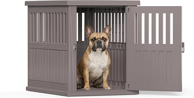 30 INCH Small Dog Crate Furniture, Lockable Indoor Dog Kennel Heavy Duty Decorative Plastic Pet Cage End Table for Small/Medium Dogs, Gray