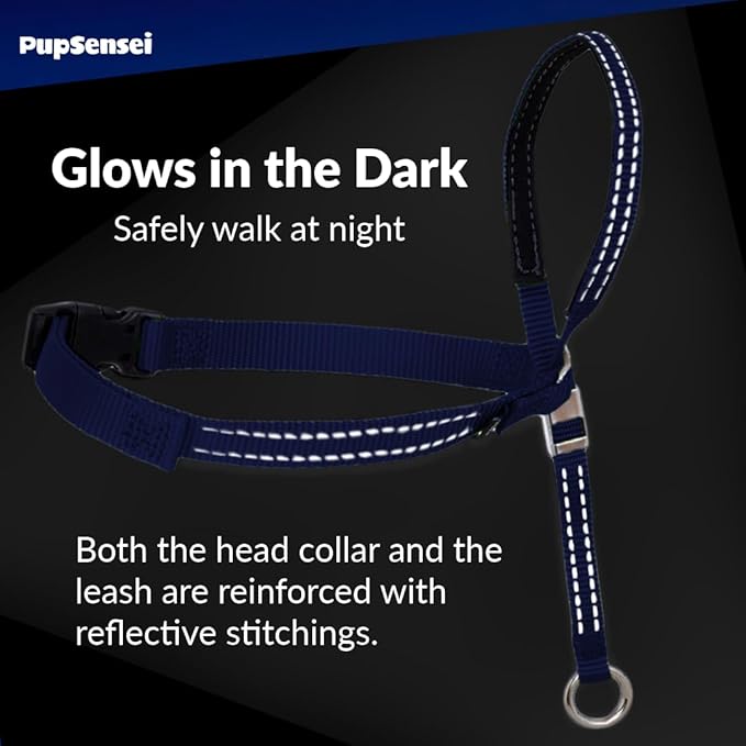 Headcollar for Dogs, Extra Soft Padded, Reflective, No Pull Dog Collar, Gentle Leader for Dogs with Durable Nylon Leash, Padded Handle - Navy Blue (Small)