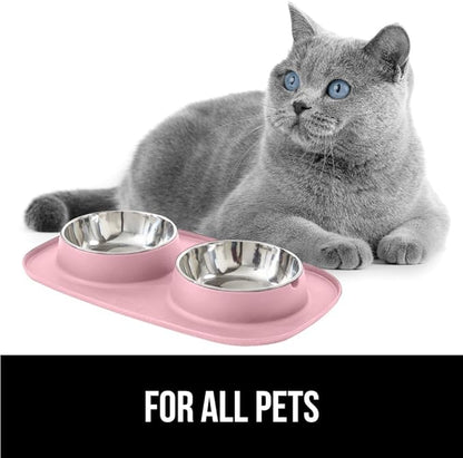 GORILLA GRIP Feeding Mat Bowl Set, 100% Waterproof BPA Free Silicone Base, 304 Stainless Steel Cat and Dog Bowls for Food and Water, Slip Resistant, High Edge, US Designed, Patent Pending, 2 Cup Pink