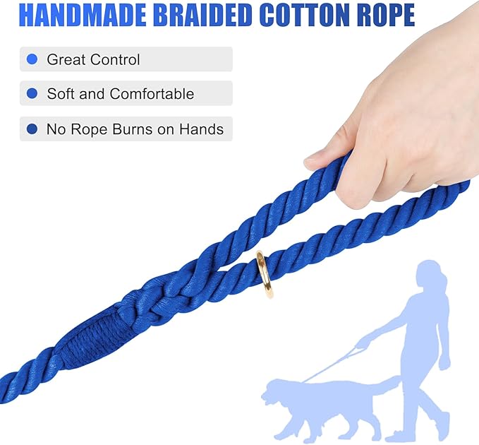 Dog Leash 6 FT Handmade Braided Cotton Rope Leashes for Small Medium and Large Dogs, New Golden Heavy Duty Metal Clasp, Navy Blue
