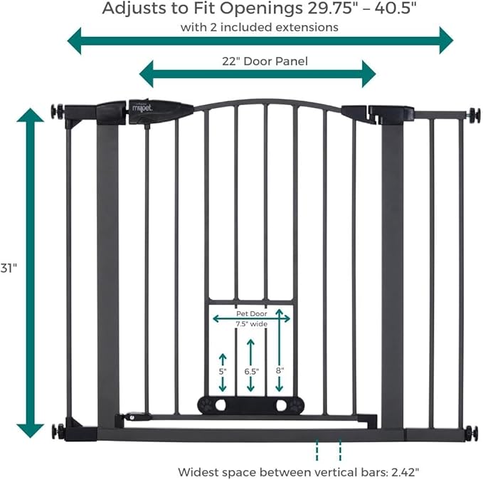 MYPET North States Wide Deco EasyPass Pet Gate with Patented Adjustable pet Door: 29.75" - 40.5" Wide Dog Gate. Pressure Mount, No Tools Needed. Dog Gates for The House, 31" Tall, Graphite