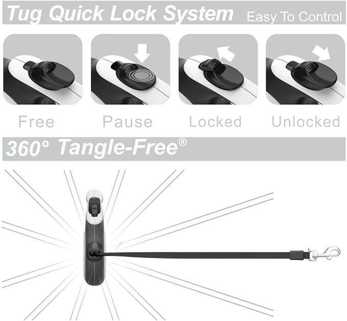 TUG 360° Tangle-Free Retractable Dog Leash | 16 ft Strong Nylon Tape | One-Handed Brake, Pause, Lock (Medium, White)