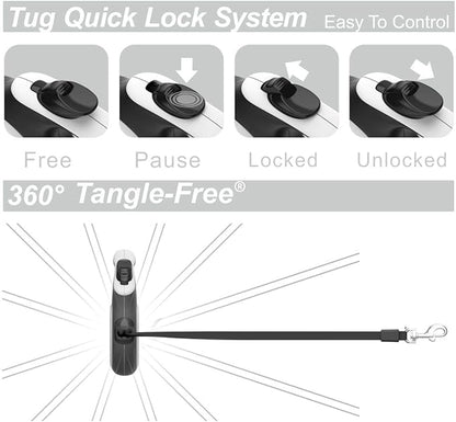 TUG 360° Tangle-Free Retractable Dog Leash | 16 ft Strong Nylon Tape | One-Handed Brake, Pause, Lock (Medium, White)