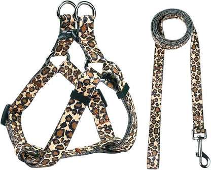 Harness and Leash Set, Leopard Pattern, 5ft Matching Leash, No Pull, Easy Wear for Medium Dogs.(M, Brown Leopard)