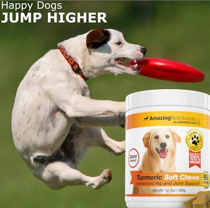 Amazing Turmeric for Dogs Curcumin Pet Antioxidant - Eliminates Joint Pain Inflammation, 90 Bacon Soft Chews