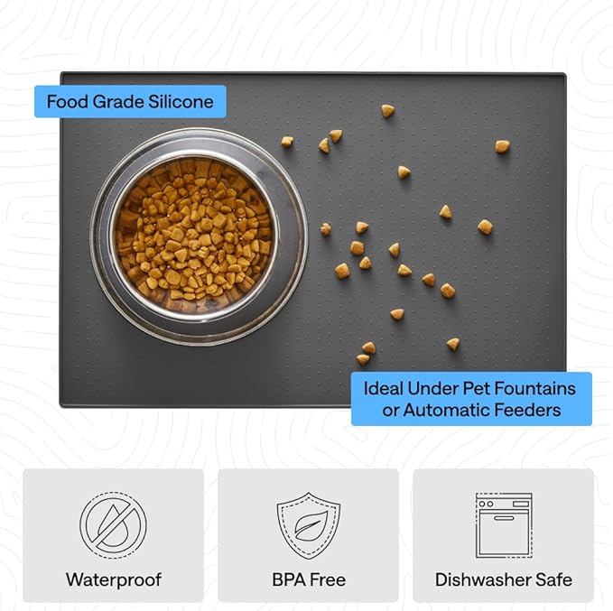 GORILLA GRIP 100% Waterproof Raised Edge BPA Free Silicone Pet Feeding Mat, Dog Cat Food Mats Contain Spills Protects Floors, Placemats for Cats and Dogs Water Bowl Pets Accessories 18.5x11.5 Charcoal