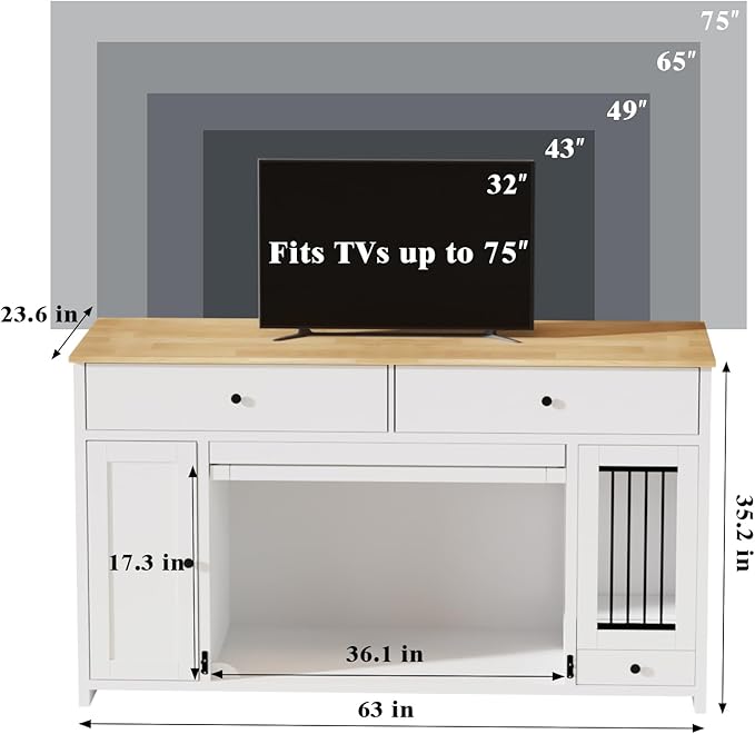 63" Dog Crate Furniture with 2 Drawers & Cabinets, Heavy Duty Wooden Dog Kennel TV Stand for Medium/Large Dogs, Dog Kennel Indoor Dog Cage with Storage, Decorative Pet Crate Sideboard, White