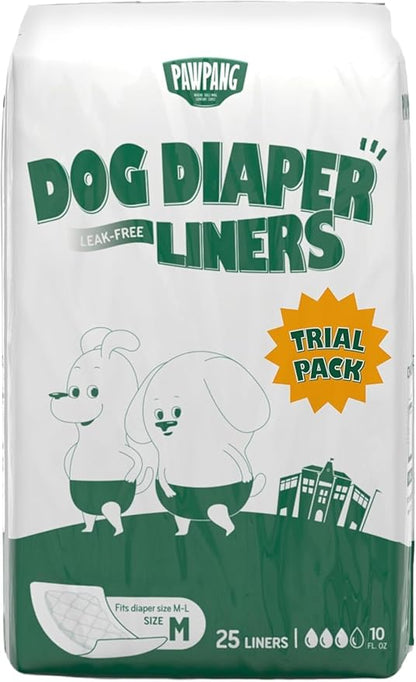PAWPANG Disposable Dog Diaper Liners l Trial Pack (25 Count), Absorbent Inserts with Odor Control for Reusable Dog Diapers & Belly Bands (Medium)