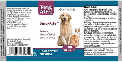 PetAlive Sinu-Rite Dog and Cat Nasal Congestion Relief - Homeopathic Tablets - Supports Relief from Dog Sinus Congestion, Runny Nose, Facial Pressure - Dog Sneezing Treatment - 180 Count