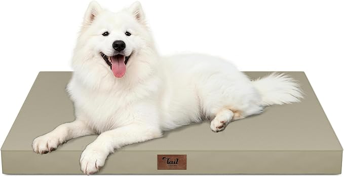Outdoor Large Washable Dog Bed, Orthopedic Egg Crate Foam Dog Crate Mat for Large Dogs with Removable Oxford Cooling Cover, Khaki