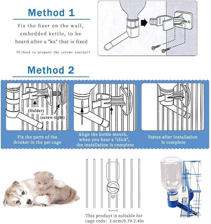 Andiker Dog Water Bottle for Crate, No-drip 350ml Dog Water Dispenser Adjustable and Detachable Installed on The Kennel Cage Water Bottle for Dogs and Puppy Drinking Water (Pink)