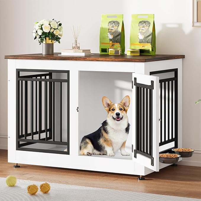 YITAHOME 35" Dog Crate Furniture, Wooden Side End Table with Adjustable Feet and Removable Bowls, Dog Kennel Indoor for Small Medium DogsV