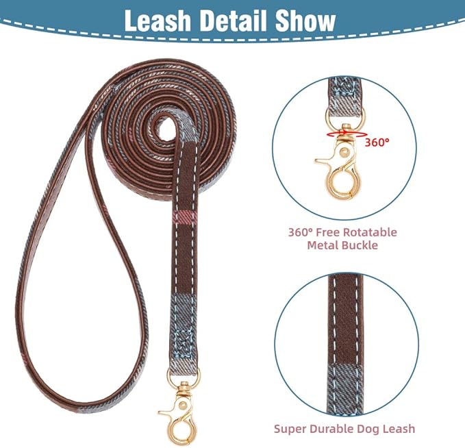 EXPAWLORER Dog Collar and Leash Set - Classic Plaid Bow Tie & Dog Bandana Collar with Bell, Dog Leash Tangle Free, Adjustable Collars for Puppy Small Dogs and Cats, Holiday Ideal Gift, Blue XS