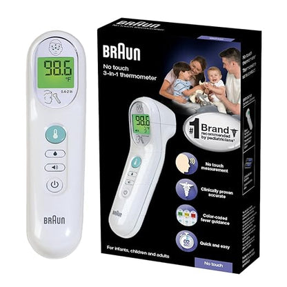 Braun No Touch 3-in-1 Thermometer for Adults, Kids, Babies, Measure Forehead, Liquid, Food Temps, Adult & Baby Thermometer, Professional Accuracy, Color Coded Fever Guidance