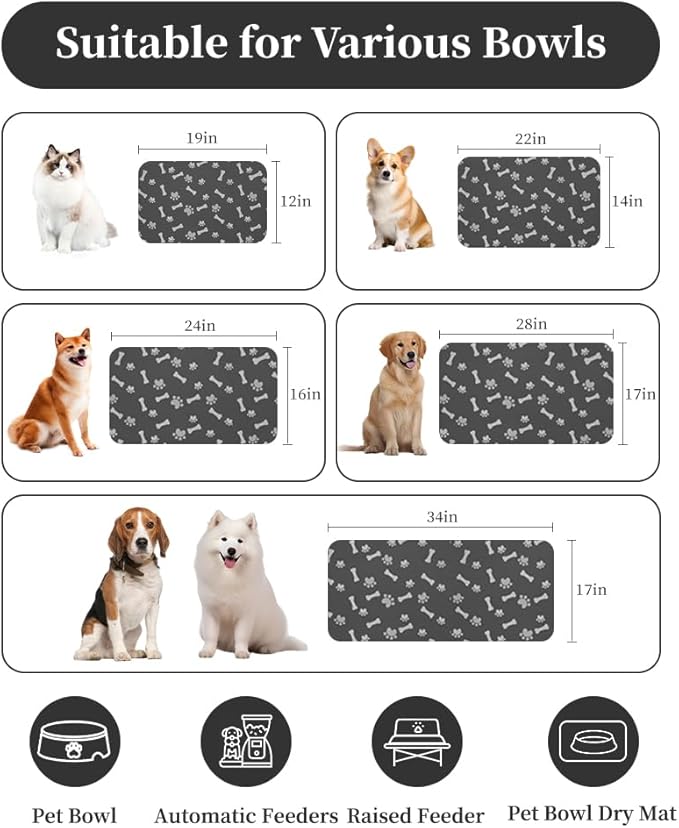 MontVoo Dog Food Mat-Pet Feeding Mat for Food and Water-No Stains Quick Dry Dispenser Cat Bowl Mat for Messy Drinkers(14"x22" Dark Grey)