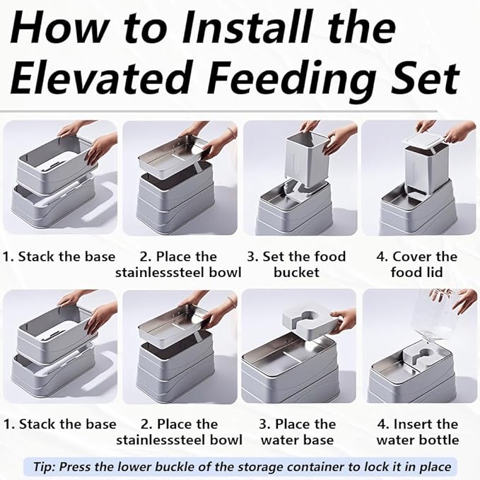 Elevated Automatic Pet Feeder & Water Dispenser, 128oz/3.8L Water & 4.4lb Food Capacity, Stainless Steel Bowl, 2-Level Height Adjustable, Neck Protection for Small/Medium Dogs & Cats