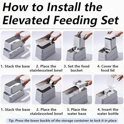 Elevated Automatic Pet Feeder & Water Dispenser, 128oz/3.8L Water & 4.4lb Food Capacity, Stainless Steel Bowl, 2-Level Height Adjustable, Neck Protection for Small/Medium Dogs & Cats