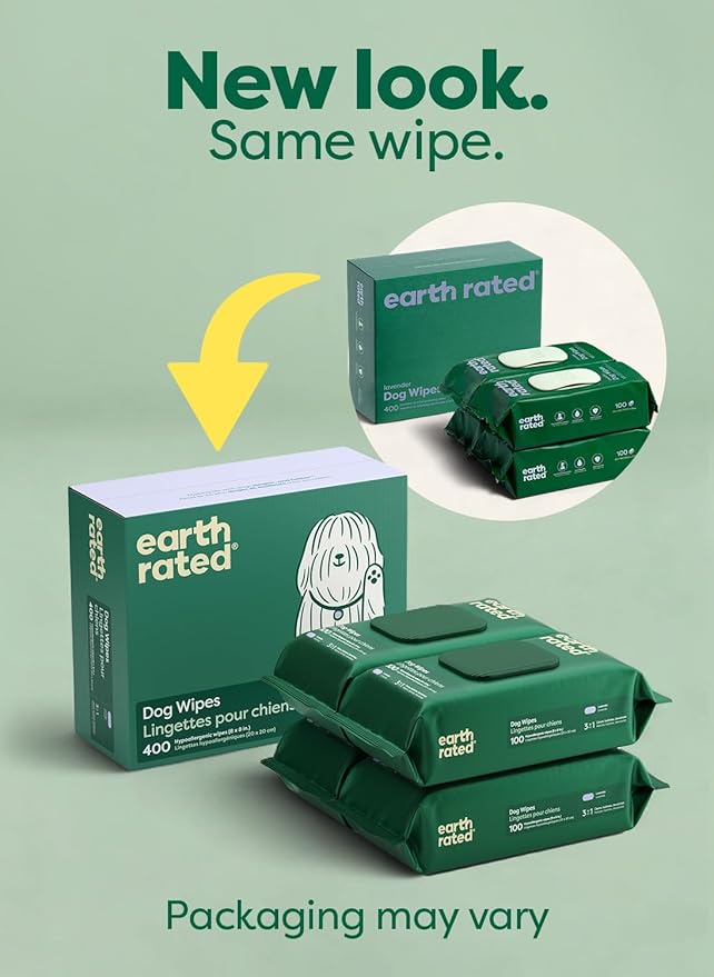 Earth Rated Dog Wipes, Hypoallergenic, Cleaning and Hydrating, for Grooming Paws, Body and Butt, Lavender Scented, 400 Count