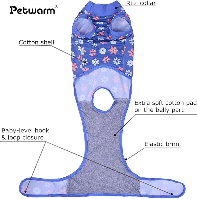 PetWarm Surgery Suit for Dogs Female, Bodysuit for Abdominal Affected Areas Sensitive Skin Areas, Dog Abdominal Affected Areas Bandages Substitute E-Collar and Cone, Flower Pattern, Blue, XL