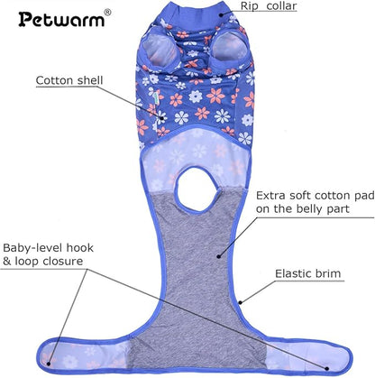PetWarm Surgery Suit for Dogs Female, Bodysuit for Abdominal Affected Areas Sensitive Skin Areas, Dog Abdominal Affected Areas Bandages Substitute E-Collar and Cone, Flower Pattern, Blue, XL