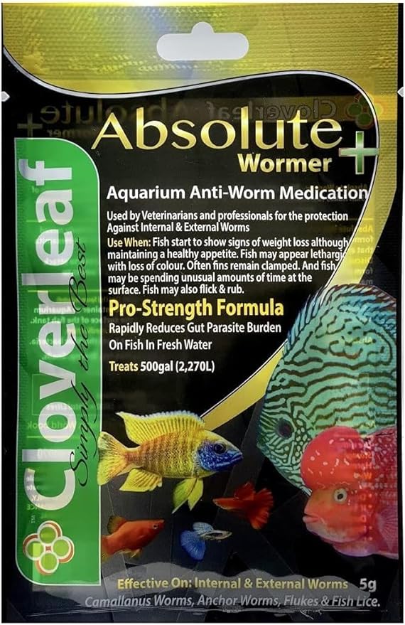 Absolute Wormer Plus (50g) Fish wormer Powder, Rapidly Reduces Gut Parasite Burden. Aquarium Anti-wormer. Effective Against flukes, Worms, parasites, and Fish lice. Internal and External parasites