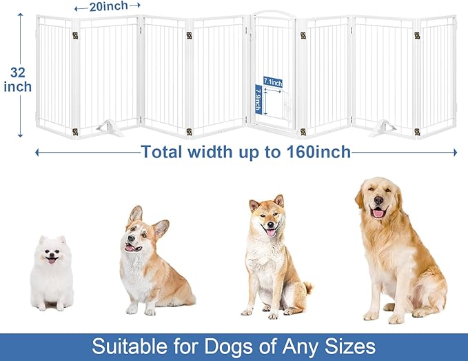 Metal Freestanding Dog Gate with Cat Door for Indoor/Outdoor,160" Extra Wide Foldable Pet Gate,32" Tall Foldable Indoor Dog Fence for Large Openings Stairs,Deck,Yard,Doorways(8 Panels,White)