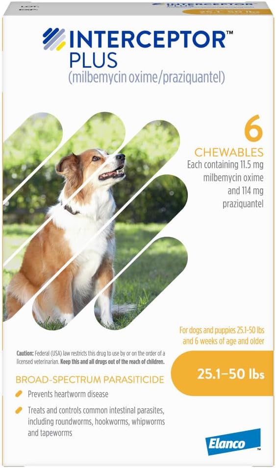 Interceptor Plus Prevention for Heartworm + 4 Other Worms for Dogs 25.1-50 lbs. | 6 Chews, 6-Month Supply