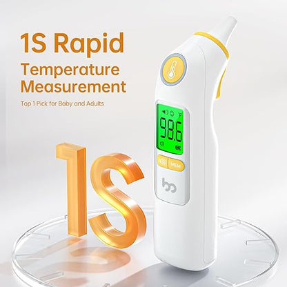 Ear Thermometer, Highly Accurate Ear Thermometer for Kids, Adults and Babies, 30 Memory Recall, 1s Result and 3-Color Fever Alert, with 24 Disposable Probe Covers, Yellow