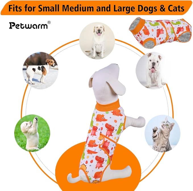 PetWarm Dog Surgery Recovery Suit Male Neuter, Recovery Suit for Dogs, Dog Recovery Shirt Abdominal Wounds Bandages Substitute E-Collar and Cone, Dinosaur Pattern, Yellow, S