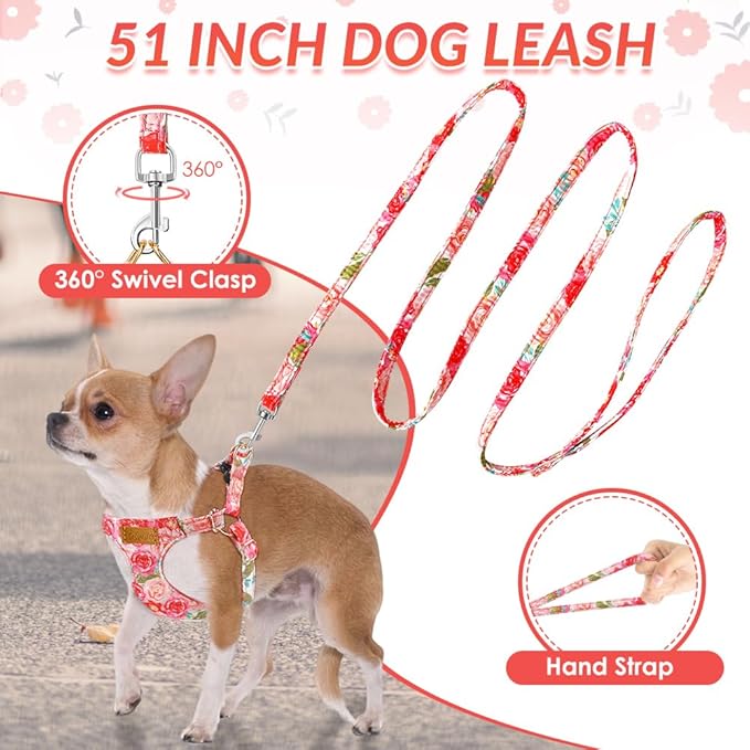 SlowTon Dog Harness Small Sized Dog - Soft XXS Dog Harness and Leash Set No Pull No Chock, Adjustable Lightweight Puppy Harness for XS Small Medium Dogs Cats (Pink Rose, S)