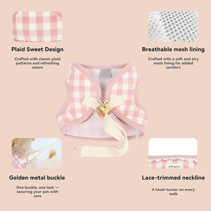 Country Chic Pet Harness and Leash Set, Gingham Pattern Breathable Mesh (Yellow, L(14.3-22.0 IBS)/(6.5-10 KG))