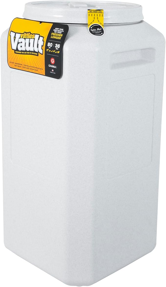 Vittles Vault Traditional Pet Food Storage Container For Dog Kibbles/Bird Seed/Oatmeal/Rice/Flour/Cereal, BPA Free Plastic, Sealed Airtight For Cat Food, Up To 80 lb, Made in USA, With Scoop, Gray