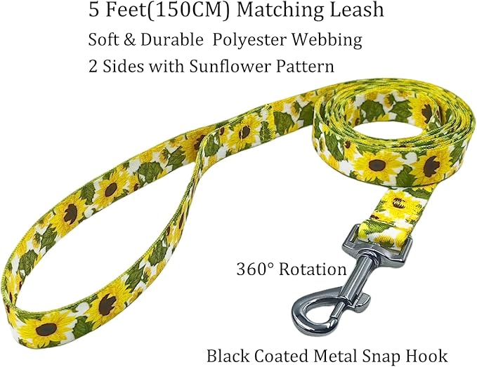 Dog Collar Leash Set, Floral Pattern, 5ft Matching Leash, Polyester Material, 4 for Small Medium Large Dogs.(M, Sunflower)